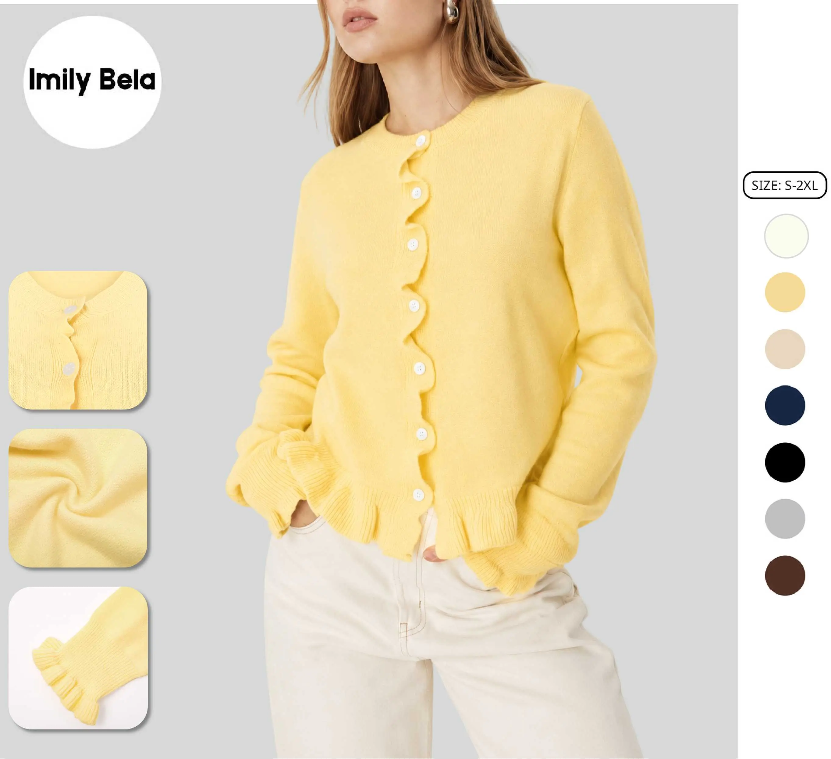 Imily Bela Women's Cropped Cardigan Sweater with Ruffle Trim, Frilly Crewneck Long Sleeve Button Down Knitwear, Cute Soft Cottagecore Outwear 2026 Trendy Soft Ribbed Knit Tops