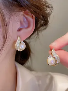 Faux Pearl & Rhinestone Decorated Dangle Earrings High Quality Earrings (1 Pair), Elegant for Women & Girls, Trendy All-match & Exquisite Jewelry for Birthday Gift