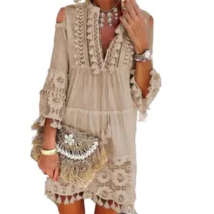 New Spring Embroidery Crochet Lace Boho Dress – Elegant Off Shoulder Tassel Ruffle Mini Dress, V Neck Summer Beach Dress for Women Casual Womenswear Basic Batwing Bohemian Minimalist White