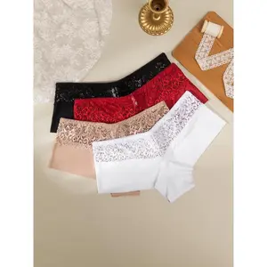 Women's 4pcs Plain Contrast Lace Scallop Trim Boxer Brief, Soft Comfy Breathable Seamless Drop Waist Knickers for Daily Wear, Underwear for All Seasons