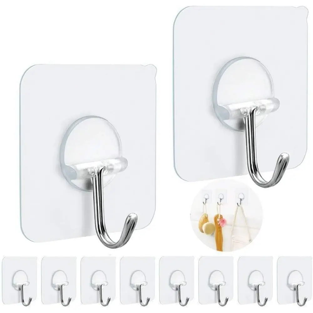 10 Heavy Duty Stainless Steel Adhesive Hooks - 2.36x2.36in, 15lbs Max, 180° Rotates, Waterproof, Transparent Seamless Peel-and-Stick Home Organizer, Smooth, for Christmas Decorations, Ceramic Tiles, Kitchen