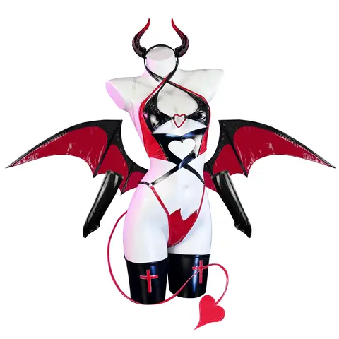KORURACLUB 2026 Women's Fitted Succubus Devil of Lust Cosplay Lingerie 6-Piece Set (KO69 Version 2) - Headband, PU Fabric, Fourth Wing Witchy Special Clothing, Stockings, Costumes for Women,sohochic