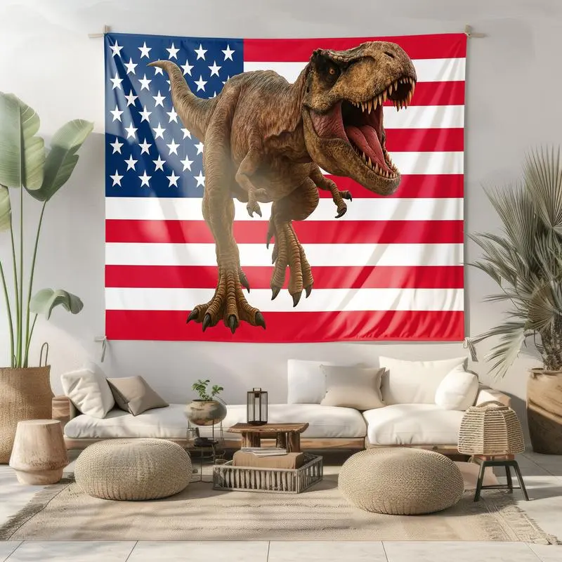 3x5 Ft Cotton-Linen Dinosaur Party Tapestry with American Flag Design, Decorative Hanging for Boys' Fun Room, Distinct Size Specification, Lightweight