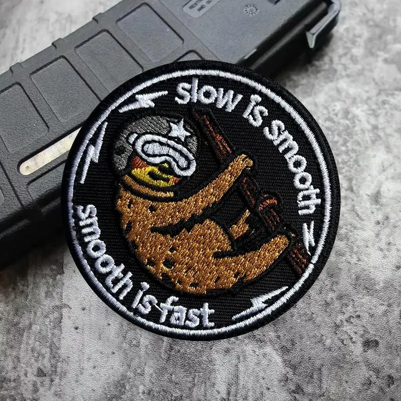 Slow Is Smooth Smooth Is Fast Raccoon Morale Tactical Patch Hook Loop Embroidery Patches Military Badge Chevron Backpack Sticker Sewing