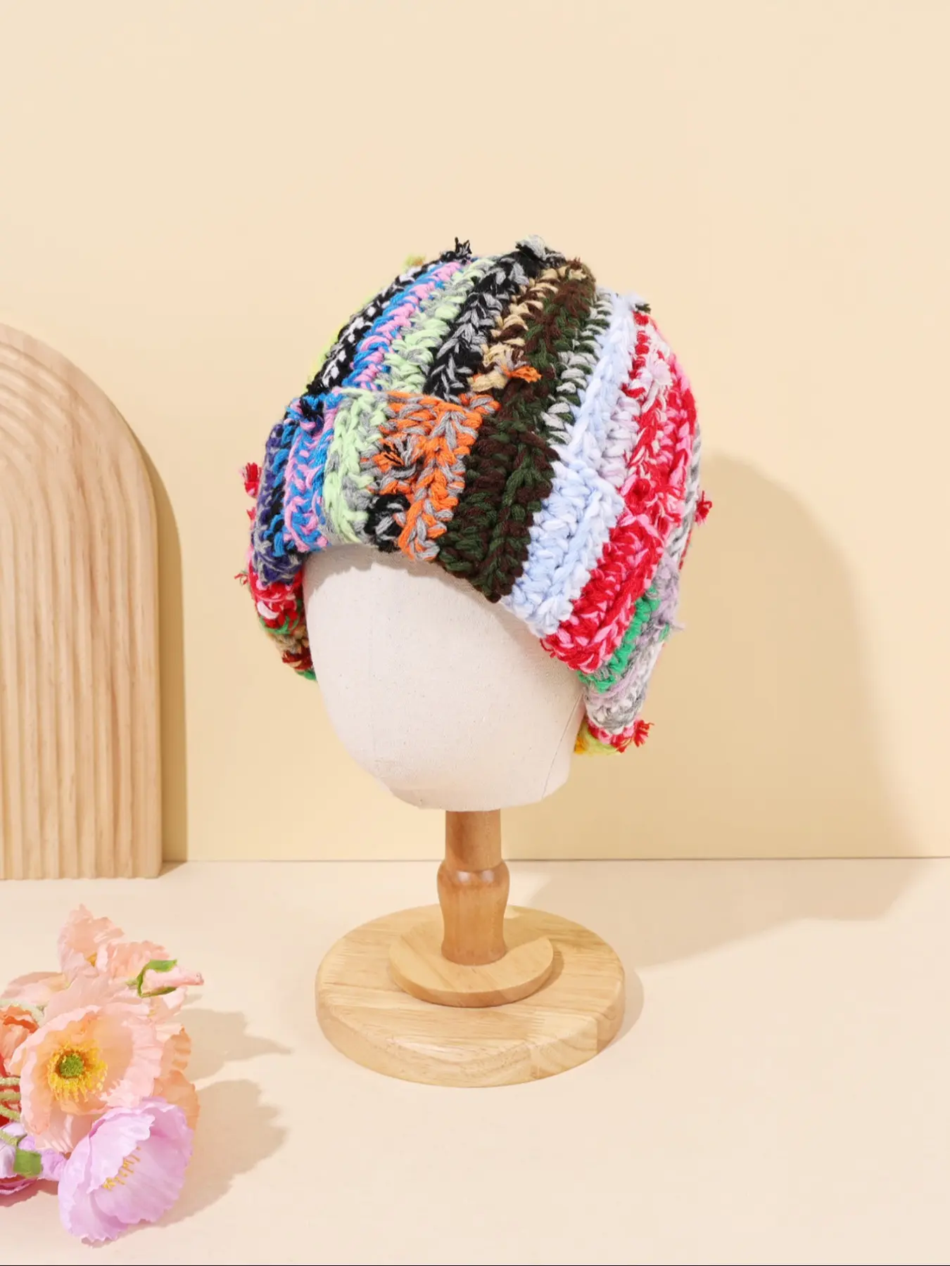 Women's Winter Colorful Knit Crochet Bucket Hat, Handmade Foldable Floppy Beanie Cap, Multicolor Fashion Accessory, Beanie Fitted, Knitted Cap, Casual Trendy Hat