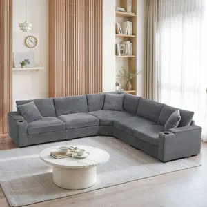 Aobtkel®104" Convertible L-Shaped Sectional Sofa, Corduroy Corner Couch with Armrest Storage, Cup Holders, USB Charger, Irregular Corner, Oversized Comfy Modular Sofa for Living Room&Apartment   WL#Summervibes