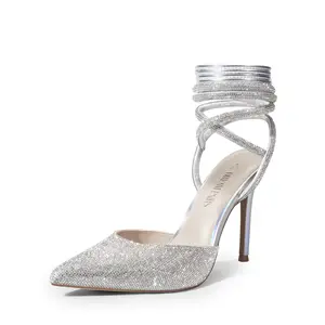 Dream Pairs Women's Pointed Toe Lace-Up Stiletto Pumps - Rhinestone or Satin Upper 4.13-Inch Heel