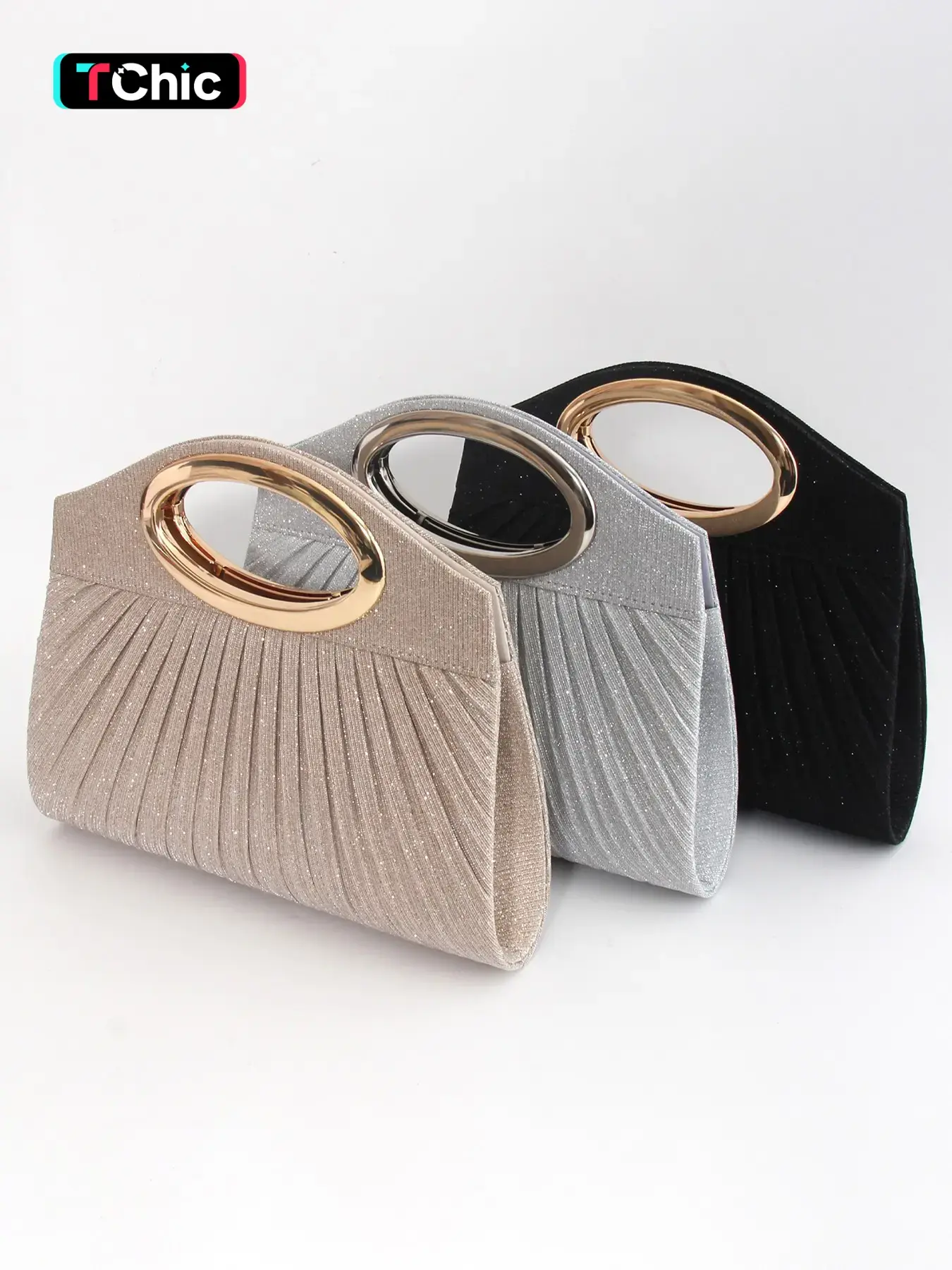 Women's Elegant Glitter Evening Clutch Bag, Metal Ring Handle, Pleated Design, Magnetic Closure, Versatile Strap, Perfect for Weddings, Parties