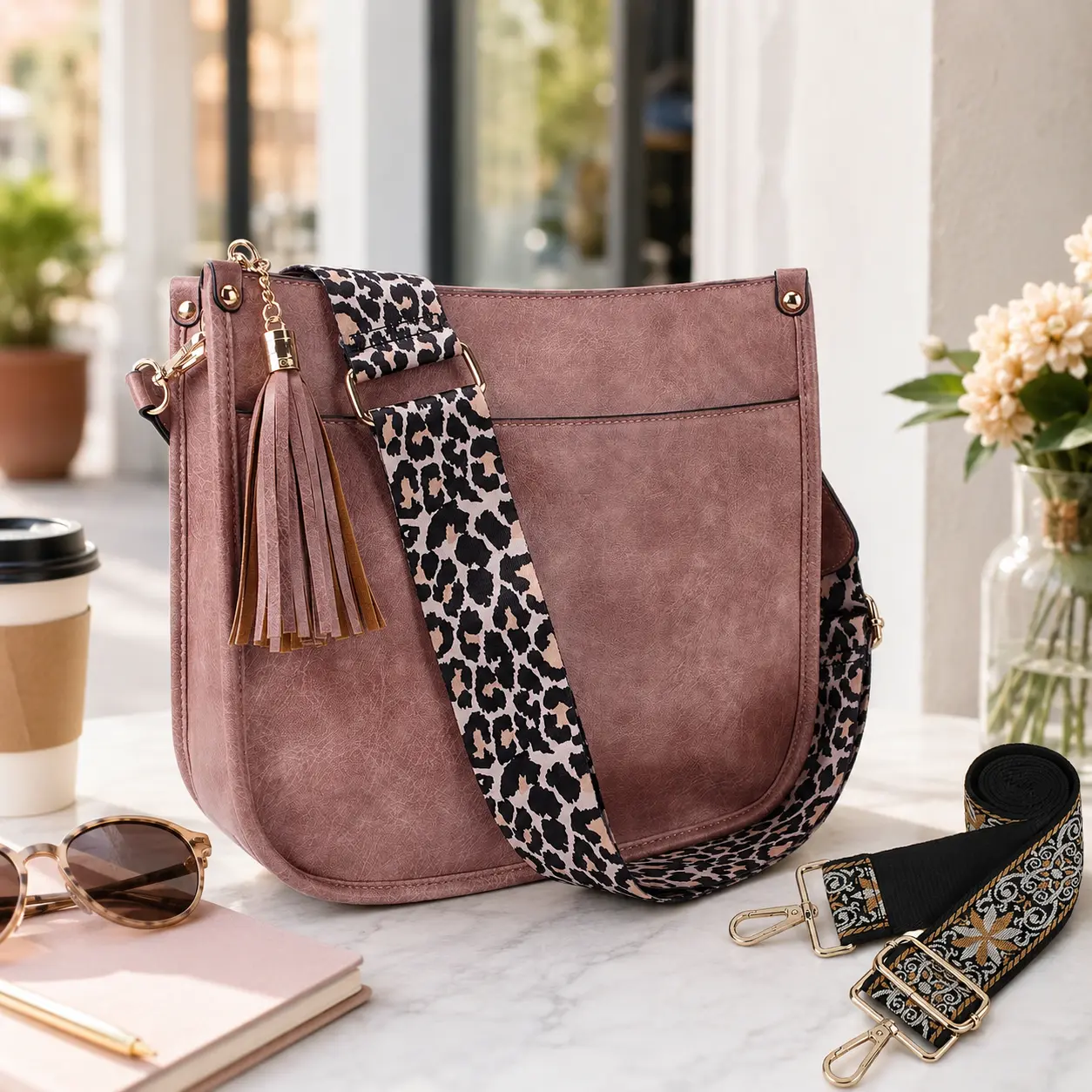 Crossbody Bag for Women with 2 Straps, Soft Vegan Leather Shoulder Purse, Leopard Strap & Woven Strap, Lightweight Everyday Hobo Bag for Travel, Work & Shopping