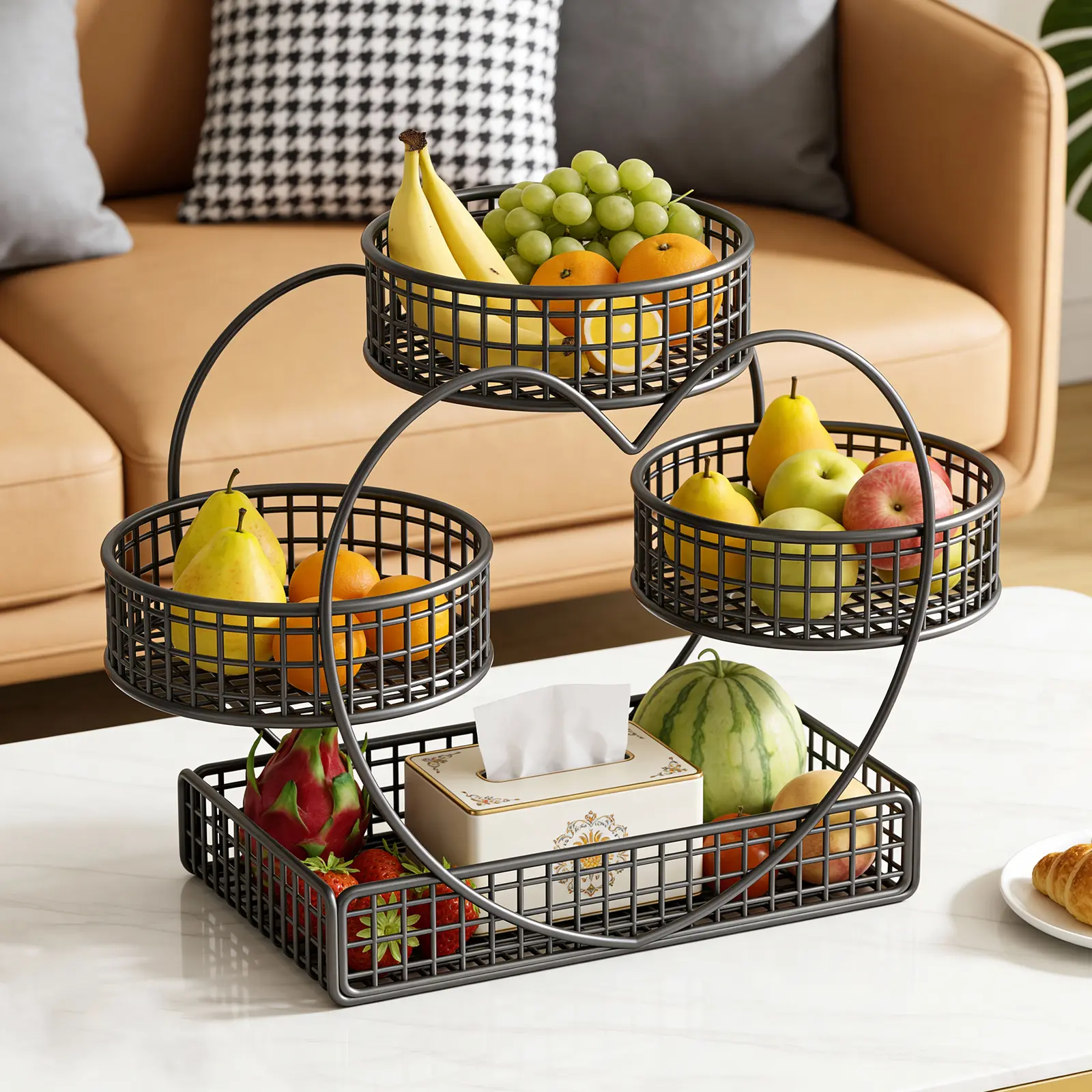 3-Tier Hollow Ventilated Metal Heart-Shaped Organizer Basket - No Assembly Required, Compact Kitchen Countertop Storage, Tiered Home Organizer, Gift-Worthy Decorative Shelf Basket