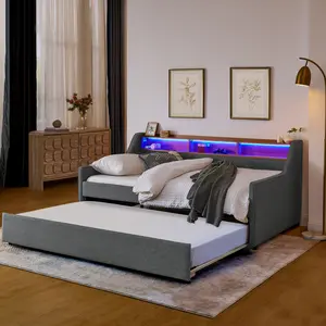 Niccae Twin Size Linen Padded Upholstery Sofa Bed Daybed with Trundle - Grey Frame, 3 LED Lights, Storage, Adjustable Headboard, Foldable Legs, Wireless Charging Function