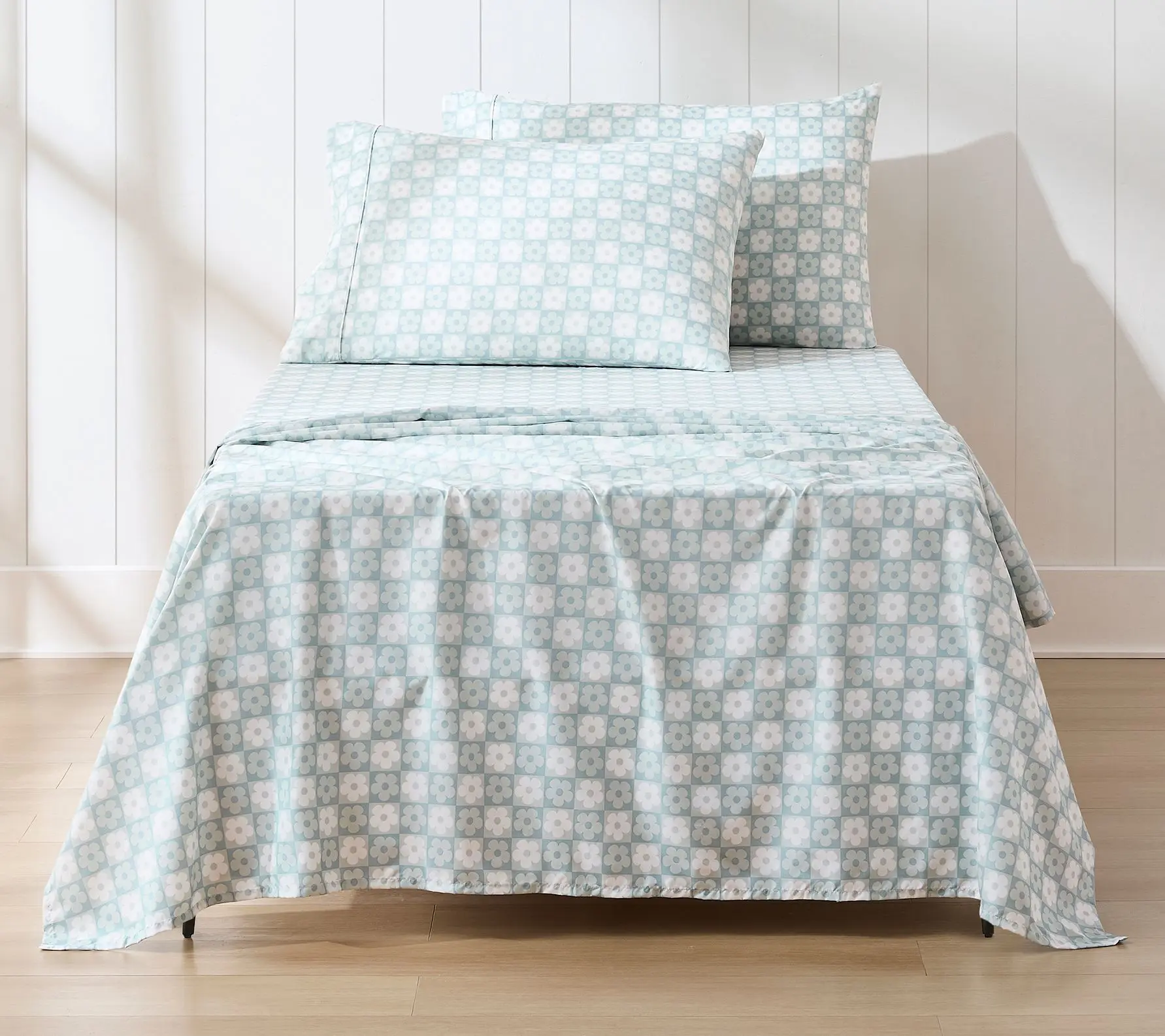 Lush Decor Daisy Checkered Sheet Set Aqua 4Pc Twin, Twin-XL