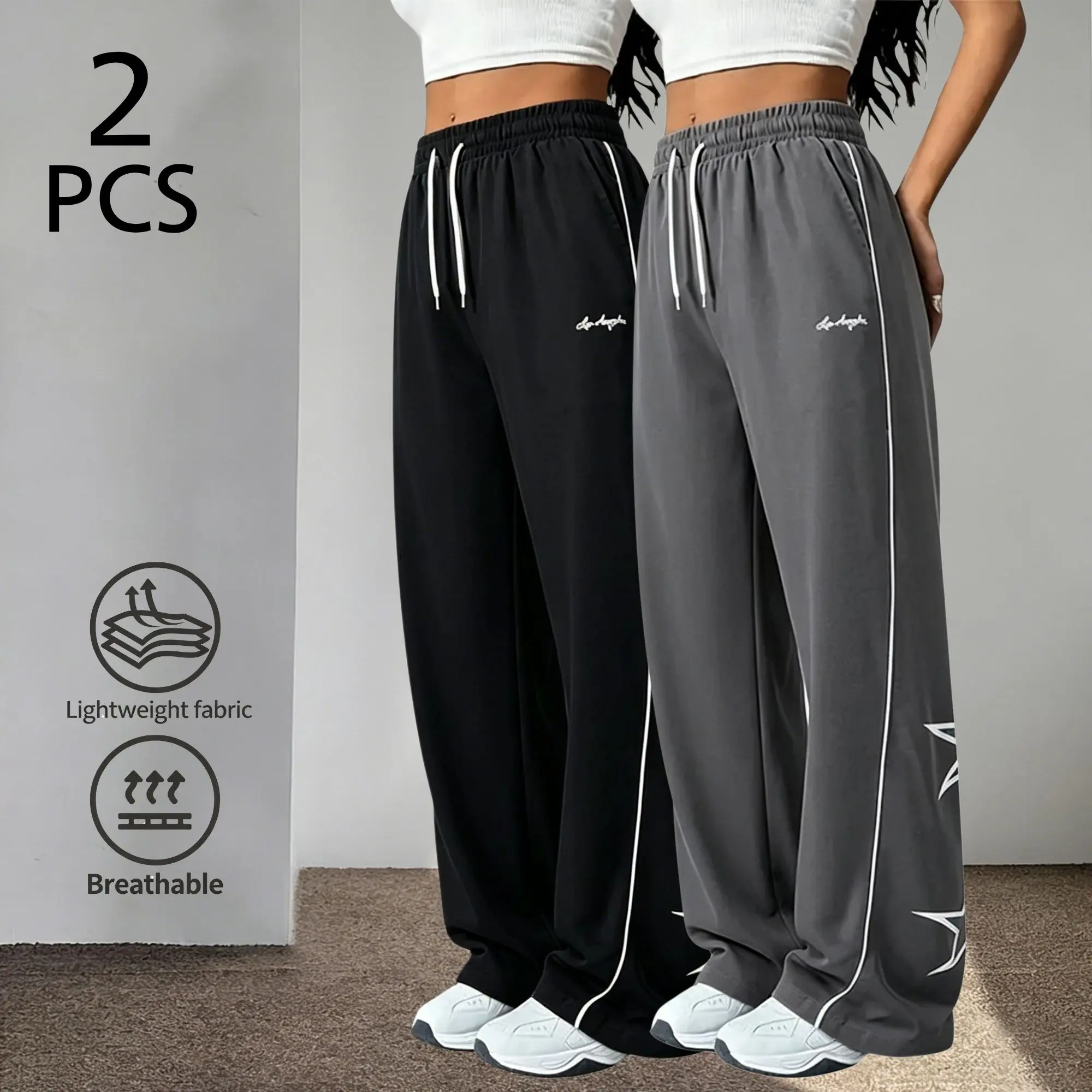 2-Pack Women’s American Retro Wide-Leg Sweatpants with White Side Lines and Star Pattern — Drawstring, Lightweight, Breathable, Drapey Fabric, Straight Cut, Floor-Length Casual Joggers