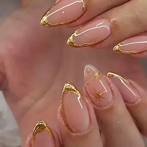 Glossy Almond Fake Nail with Nail File & Jelly Sticker, 24pcs 3D Gold Edge & Star Pattern Removable False Nail for Women, Effortless Press on Nails Set, Acrylic Nail Extensions, Stylish Acrylic Nails