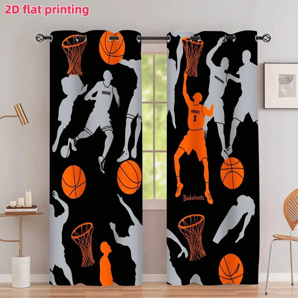2D Flat 2Pcs Basketball Player Silhouette Sports Art Style Curtains Orange and Black Hoop Print Panels Grommet Top Semi Sunshade for Living Room Bedroom Study Home Decor Window Treatment Accessories Anti-Privacy