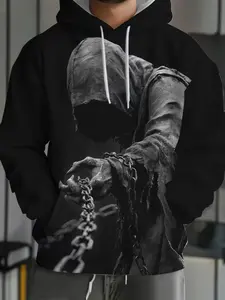 Men's Dark Fantasy Hoodie, Trendy Chain Print Loose Fit Sweatshirt, Casual Streetwear Top for Fall, Youth Fashion Apparel