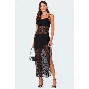 Sheer Mesh & Lace Patchwork Maxi Dress