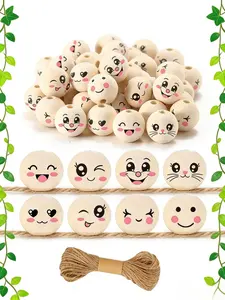 80pcs Smile Face Wooden Beads, Natural Wood Beads with Hemp Rope, DIY Art Crafts, Earring Keychain Jewelry Making, Choking Hazard Warning