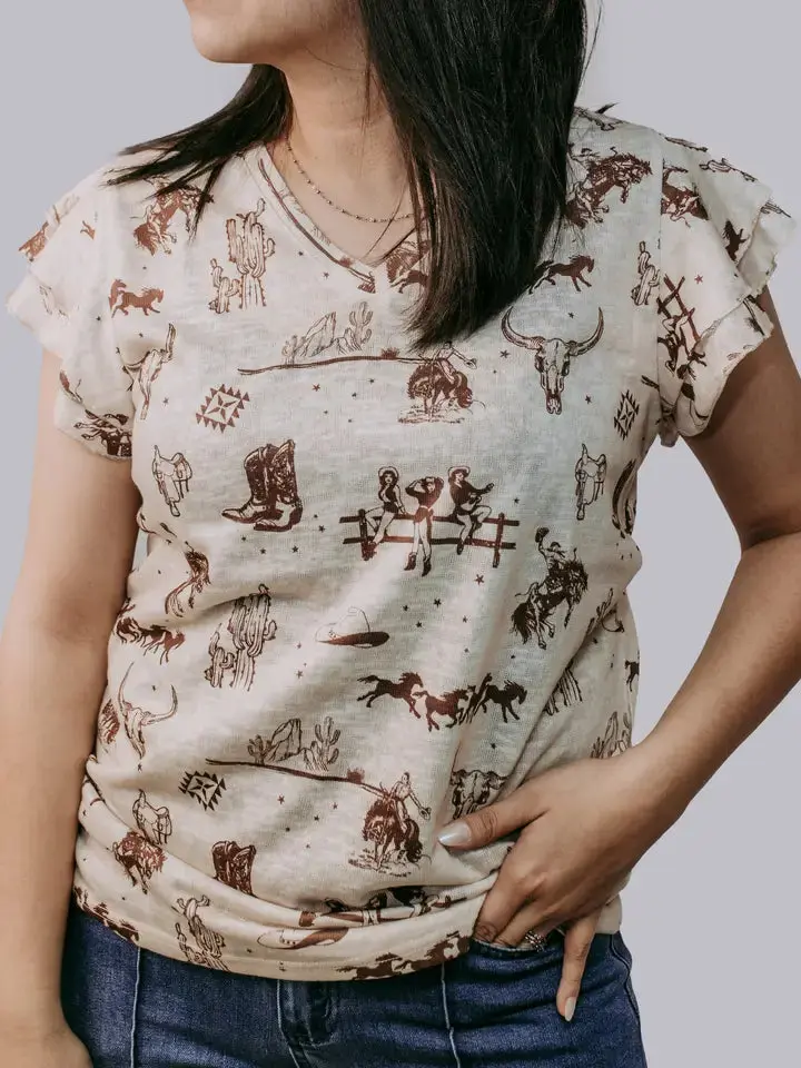 Western Darlin' Ruffle Sleeve Blouse with V Neckline & Western Fashion Print Casual Wear Top