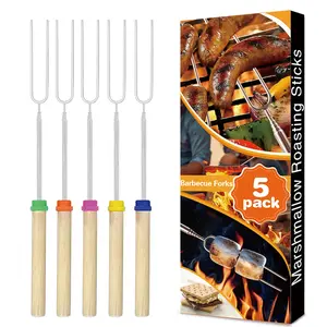 32Inch Extendable Roasting Sticks - Camping BBQ Forks for meet/Hot Dogs. Stainless Steel Campfire Skewer Set. Safe Heat-Resistant 8 Pack Utensils