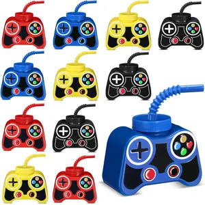 12 Pcs Plastic Video Gaming Cups with Straw and Lid,10oz Gamer Birthday Party Video Game Shape Drink Cups for Boy Game Party (Yellow,Red,Blue,Black) Bottles Drinkware
