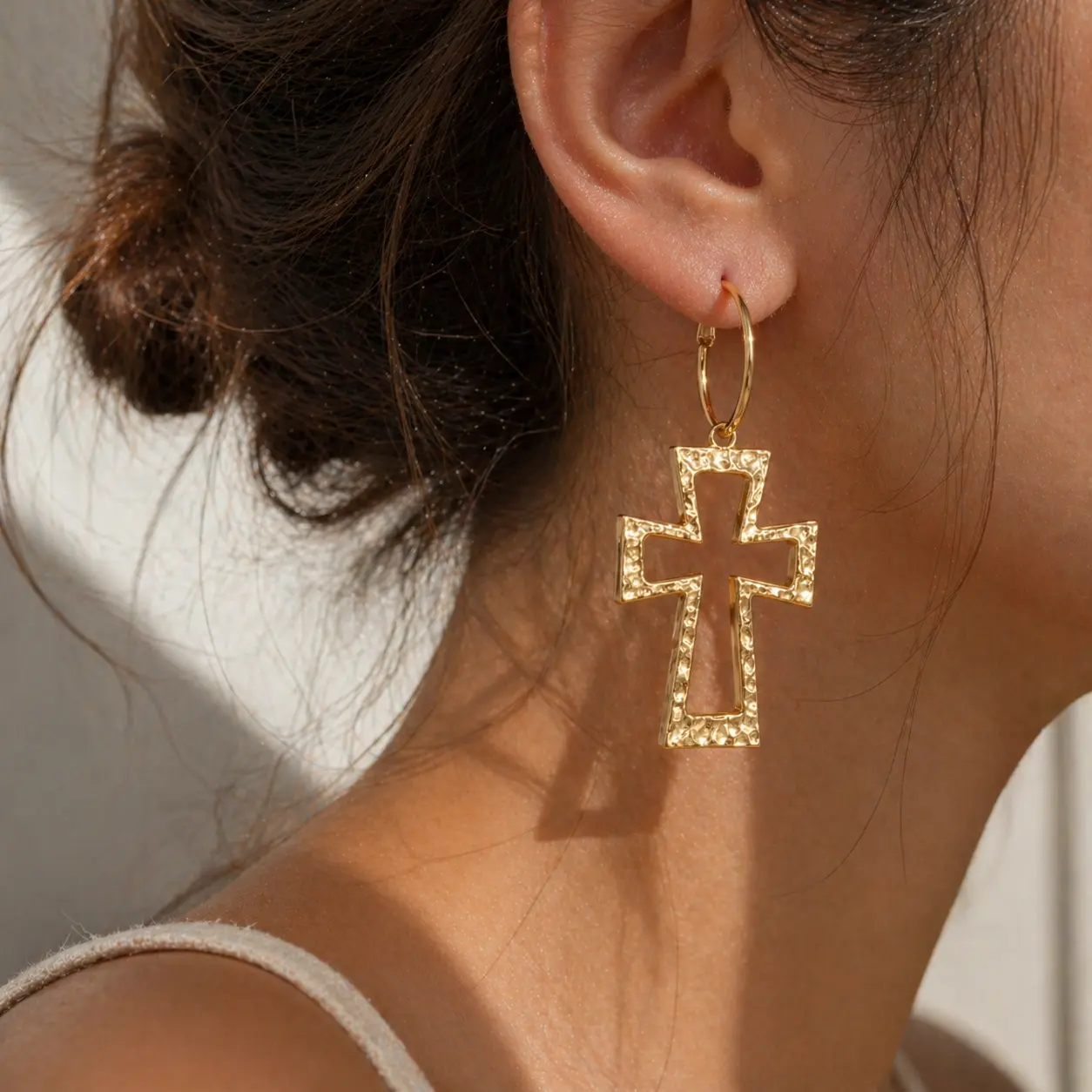 Women's Nickel-Free Alloy Gold Plated Crucifix Hoop Earrings - Hammered Vintage Texture Charm, Minimalist Lightweight Raised Metal Mini Elegant Casual Jewelry, Daily Dainty Mother's Day Gift Accessory