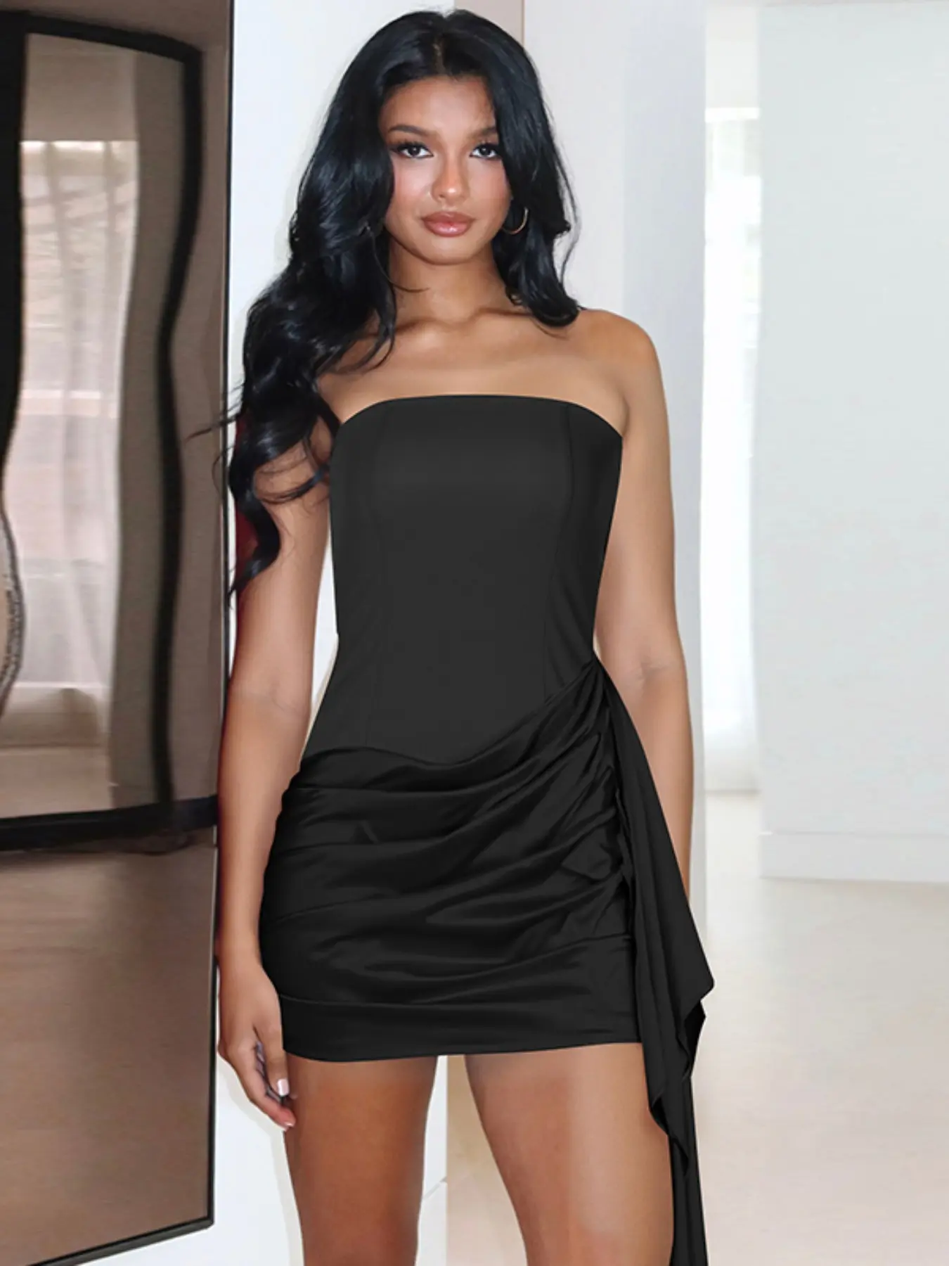 gold strapless mini dress Gold Pleated Off Shoulder Bubble Hem Strapless Sequin Mini Dress L / Gold