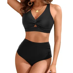 Tempt Me Women Two Piece Swimsuits High Waisted Bikini Knot Twist Cutout Tummy Control Bathing Suits  SwimWeek  summervibes