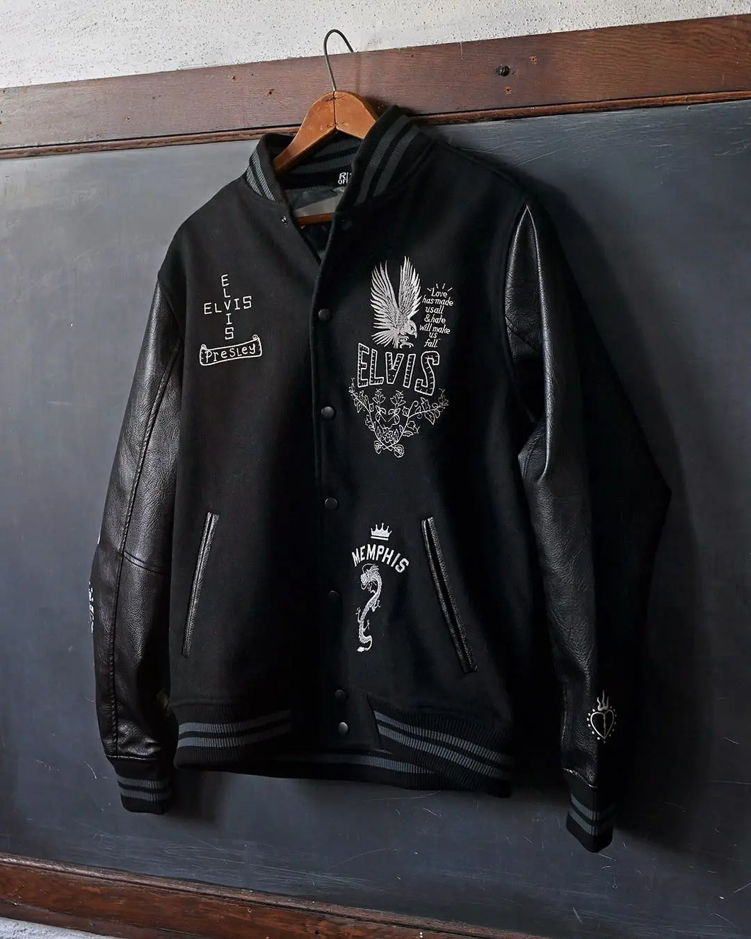 Men's Memphis Edition Varsity Jacket, an Officially Licensed Elvis Presley Top in Heavyweight Melton Wool with Vegan Leather Sleeves, Tops, Coats, Nylon, Snap Buttons, Varsity Look, Button Front, Casual, Heavyweight Rib Cuffs, Nylon Accents, Officially Li