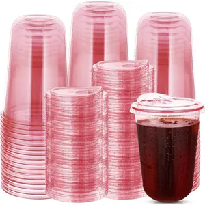 100 Sets Disposable Stemless Glasses With Strawless Sip ,PET Drinking Cups,Clear Plastic Coffee Cup for Iced Coffee, Smoothie, Cold Beverage, Drink Shop and Christmas Party  (, 16 oz)