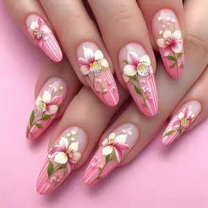 24pcs Valentine's Day Limited Edition Water Drop French Press-On Nails, Almond Fake Nails, Glossy False Nails, Gradient Flower Hand Drawn, Gentle Girl Style, Easy Wear Long-Lasting