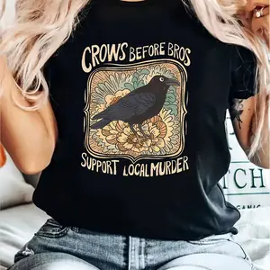 Black Crow Graphic T-Shirt | Funny "Crows Before Bros, Support Local Murder" Vintage Floral Tee for Bird Enthusiasts & Humor Lovers-10791