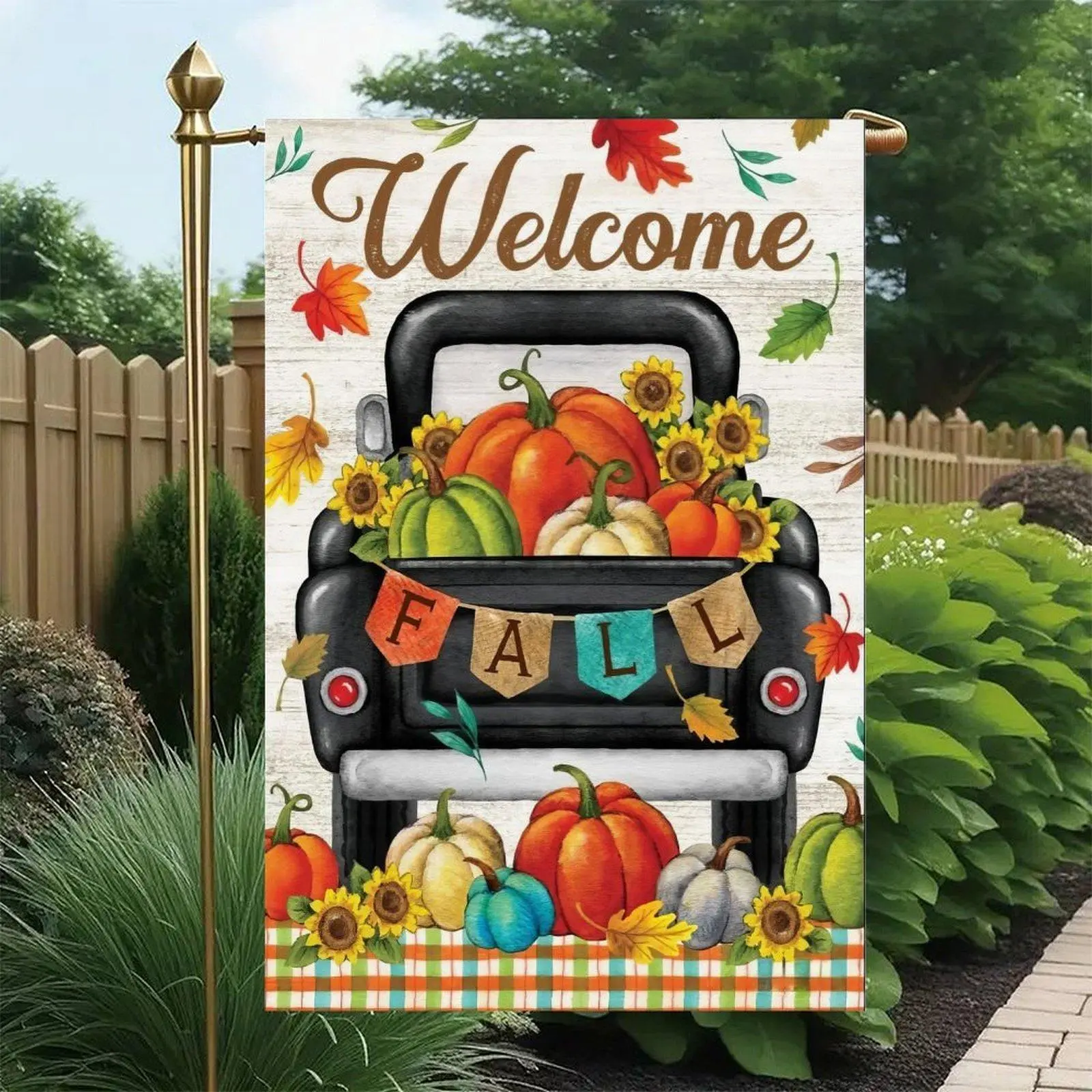 Welcome Fall Vintage Black Pickup Truck Multicolor Pumpkin Sunflower Banner Plaid Double Sided Garden Flag 12x18in, Autumn Harvest Country Outdoor Lawn Decor