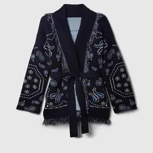 Women’s Tassel Patchwork Printed Cardigan, Geometric Patterns, V-Neck, Long Sleeves, Knitted Street Style, 2025 Autumn Coat, Casual Women’s Wear, Knitwear