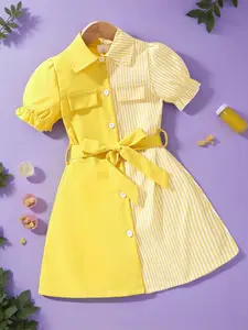 Young Girls Patchwork Adjustable Waist Belt Bubble Short Sleeve Buttoned Dress, Fashionable Summer for Daily Wear