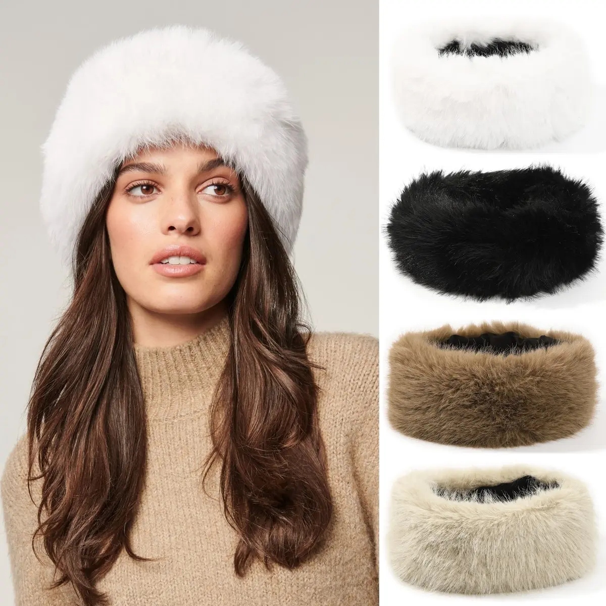 AWAYTR Women's Fluffy Faux Fur Wide Headbands - Elastic Back, Hand Washable Winter Earwarmers, Hair Securing Accessory with Fluffy Look for Engagement, Birthday, Cold Weather, Solid Colors, Elastic Bands, Anniversary, Commute, Glamorous, Stretchy Headband