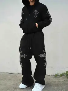 Men's Thick Hooded Sweatshirt Set with Drawstring, Urban Fashion Style, Fall & Winter Casual Wear, Long Sleeve Sweatsuits