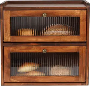 Bread Box for Kitchen Countertop Wooden Bread Storage Container Bin 2 Layer Breadbox Holder Large Capacity Keeper  Farmhouse  Organizer Pantry Shelf  Window (Brown)