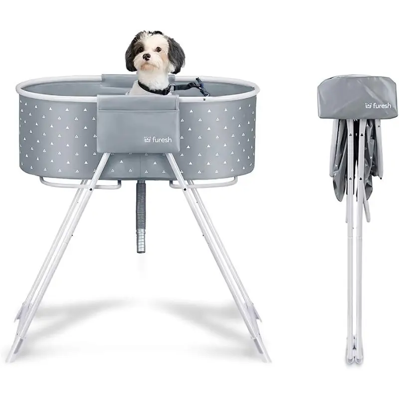 Furesh Little Dipper Bath Tub and Wash Station for Bathing Shower and Grooming, Elevated Foldable and Portable, Indoor and Outdoor(Gray/Blue/Pink)