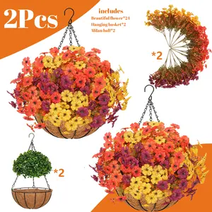2pcs Fall Style Daisy Hanging Basket, UV-Resistant Outdoor Indoor Artificial Flowers for Outside, Realistic Autumn Faux Daisy Floral Basket for Porch, Yard, Balcony, Home Courtyard Decoration