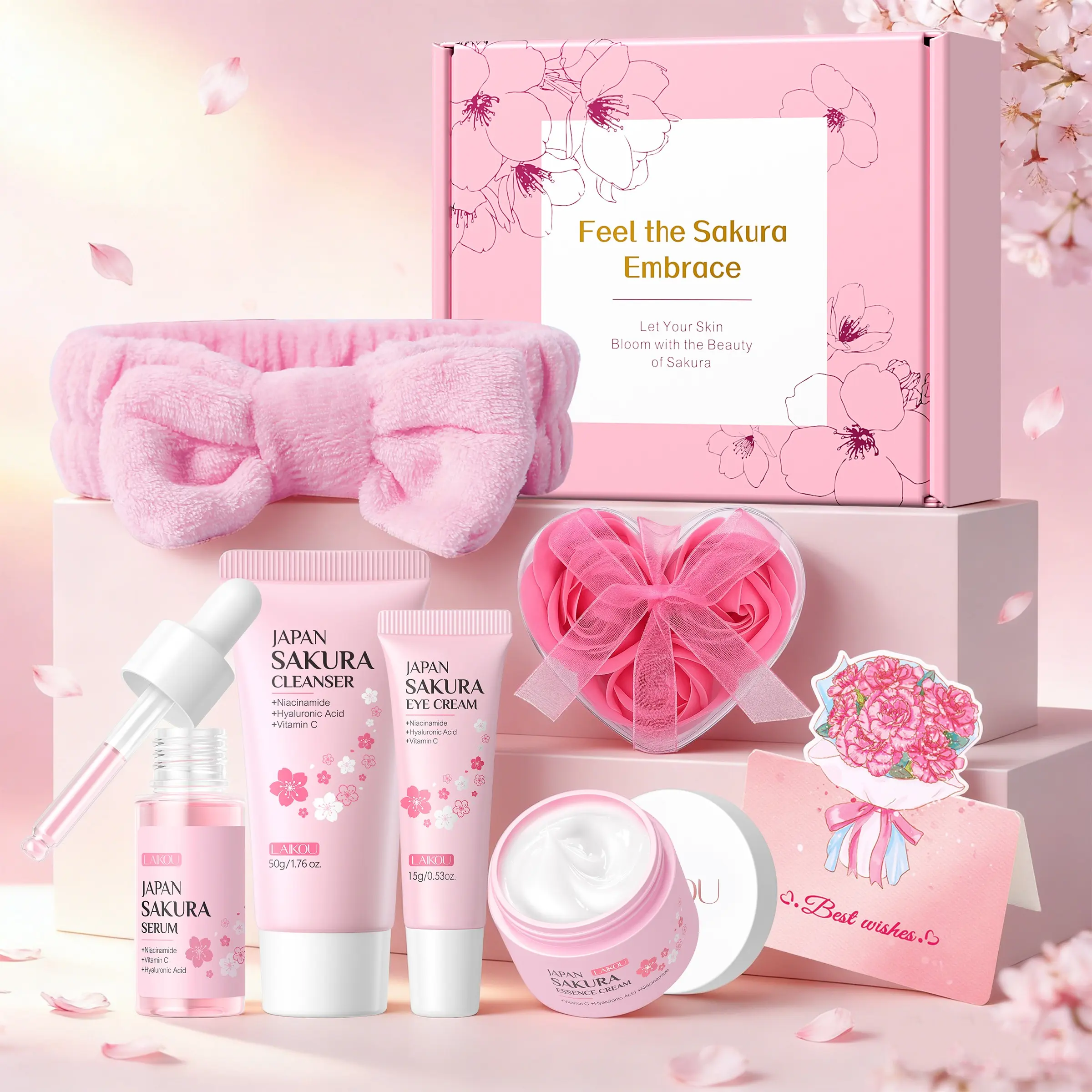 Laikou Sakura Skincare Set, Cleanser 50g + Toner 100ML + Serum 17ML + Eye Cream 15g + Moisturizer 30g + Gift Box Included, Skin Care Sets, Beauty Sets, Moisturizing Hydrating Kit, Glow Up Kit, Glowing Skin Kit, Skin Care Kit