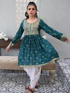 3-PC Embroidered Teal Green Dhanak Dress with White Printed Shalwar Fabric Outfit Shirt Womenswear Asian Casual