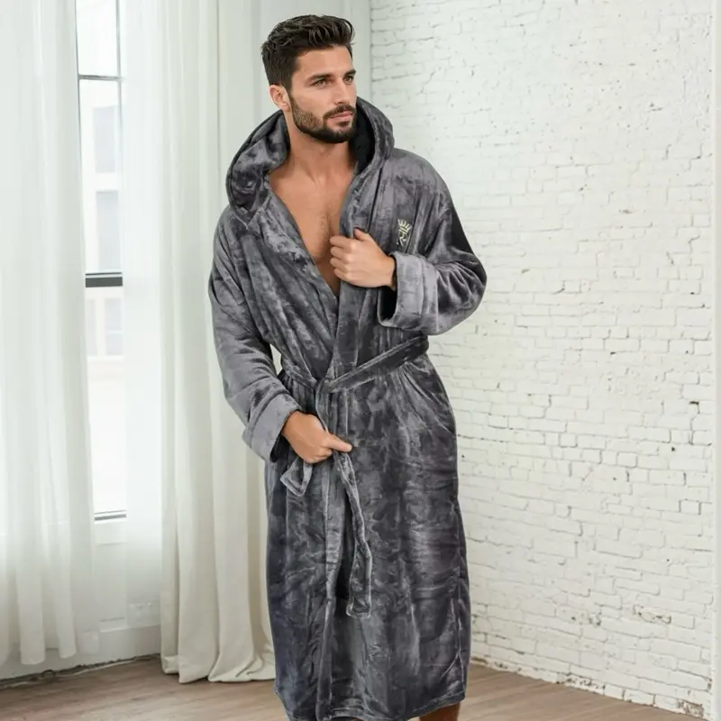 Grey Hooded Royalty Robe, Soft Comfort Fleece Mens Bathrobe with Hood and pockets, Stylish Loungewear Casual Menswear Housecoat