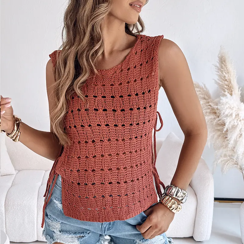 CHICME Women's Round Neck Sleeveless Hollow-out Crochet Sweater