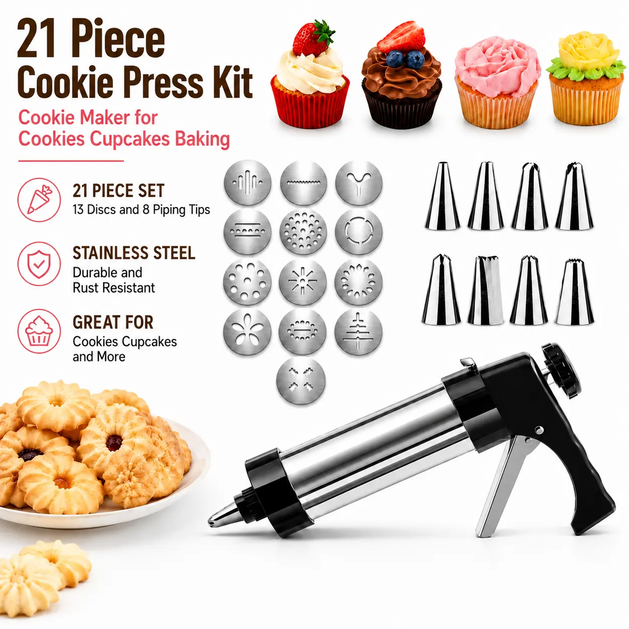 MIUVA cookie press Kitchen Supplies  21 Piece Stainless Steel Cookie Press Kit with 13 Discs 8 Piping Tips Cookie Maker Baking Set for Cookies Cupcakes and Dessert Decorating