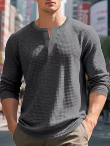fall outfits Men's autumn and winter Waffle long-sleeved Henry shirt, skin-friendly and comfortable, simple and versatile, can be worn alone or as an inner layer, easily switching between daily casual wear and outdoor sports