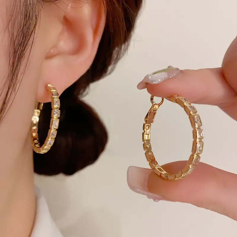 Women's S925 Pin Chunky Large Gold Diamond Hoop Earrings - Luxury Gold-Tone Formal Evening Fashion Exaggerated Full Diamond Earrings, Chunky Hoop Earrings, Gold Diamond Earrings