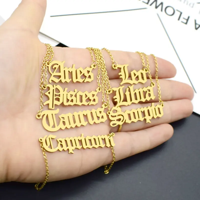 AS053 New Stainless Steel Twelve Constellation Necklace Ancient English Alphabet Clavicle Necklace