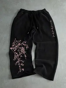 Japanese Cherry Blossom Japanese Text Print Wide Leg Sweatpants, Casual Winter Fitted Trousers, Geometric Pattern, Plain Surface