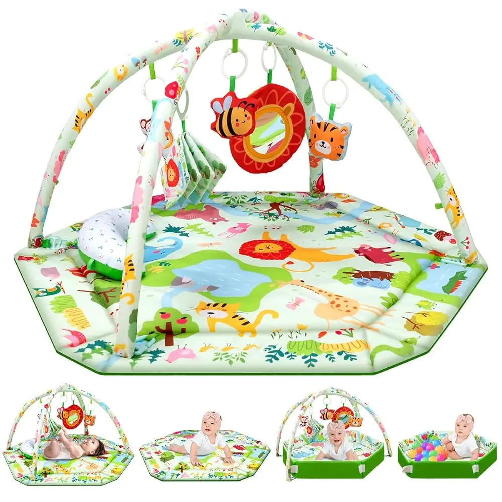 Baby Play Mat,Tummy Time Mat with 6 Detachable Toys-Activity Gym for Visual, Auditory & Motor Development-Washable Baby Activity Mat for 0-12 Month Infants(Animal Theme)